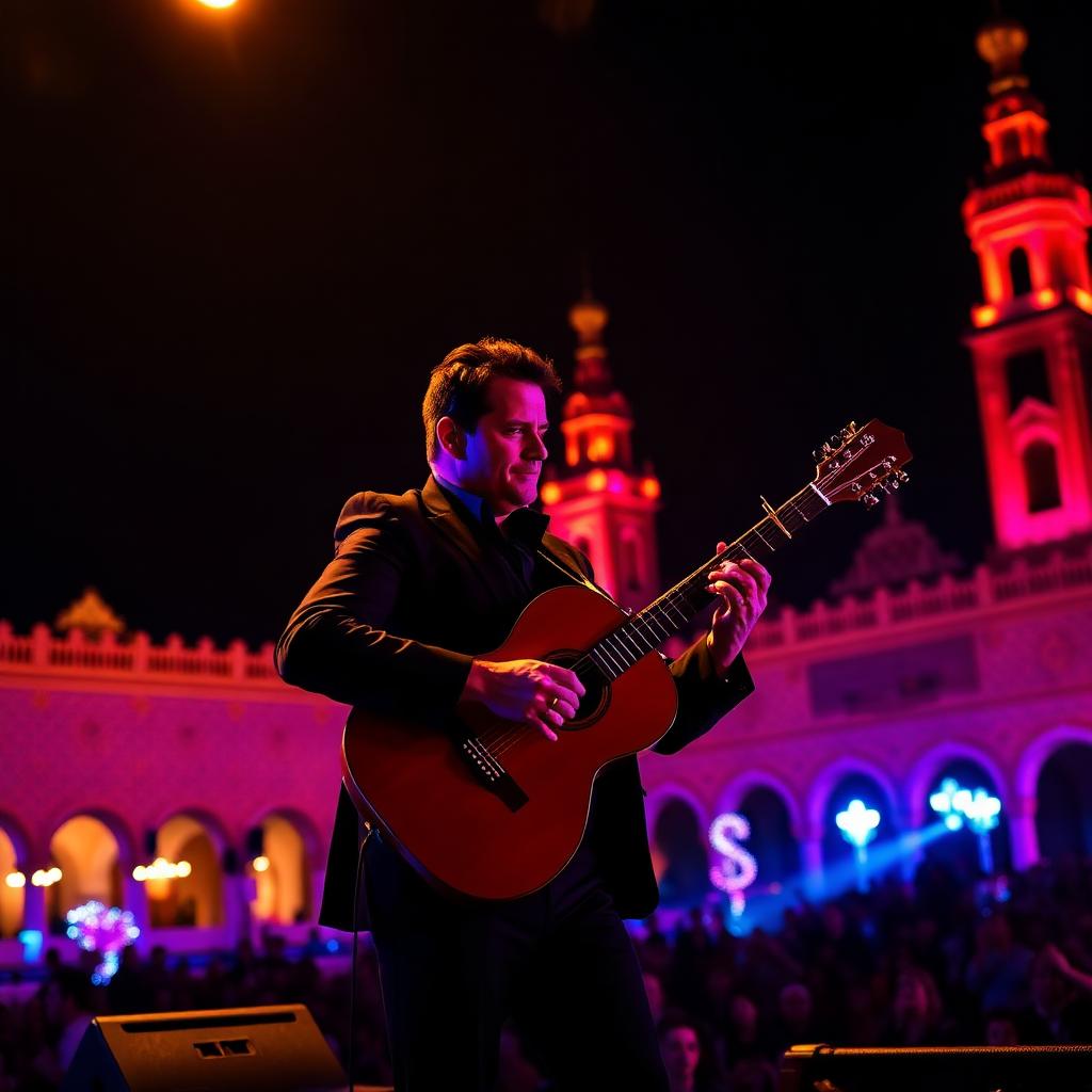 Flamenco guitarist performing at night in front of Plaza de España in Seville