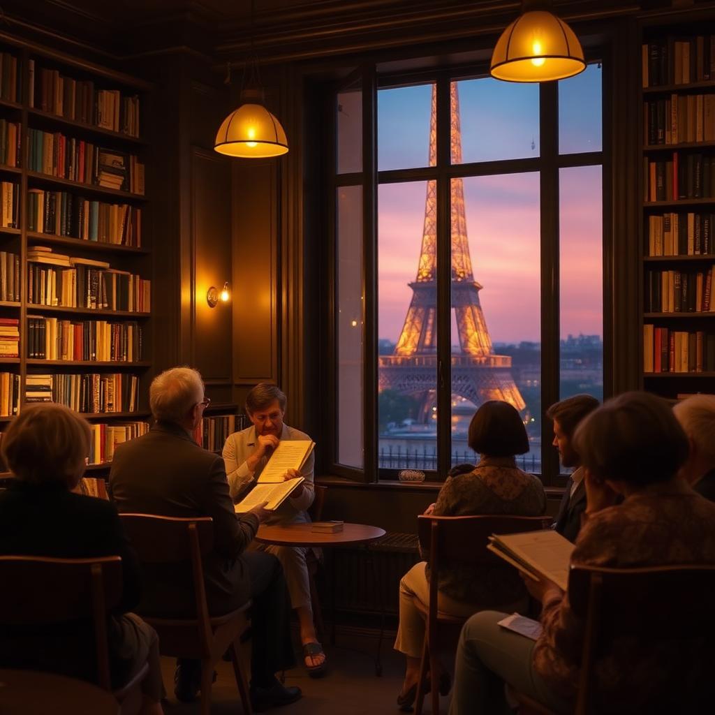Author reading her novel at a Parisian bookshop with the Eiffel Tower in the window